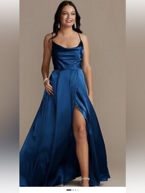 Sabina Satin Cowl Neck Prom Gown in Deep Blue